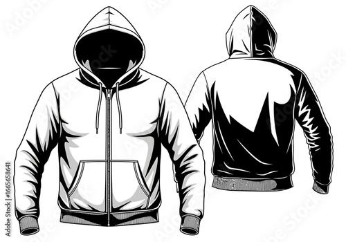 Illustration of a white hooded sweatshirt with a zipper, shown from the front and back, isolated on a white background.