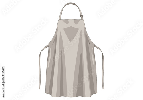 An isolated illustration of a light grey apron with a neck strap and waist ties, against a white background.
