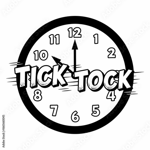 Cartoon Clock with "Tick Tock" Text, Black and White Illustration