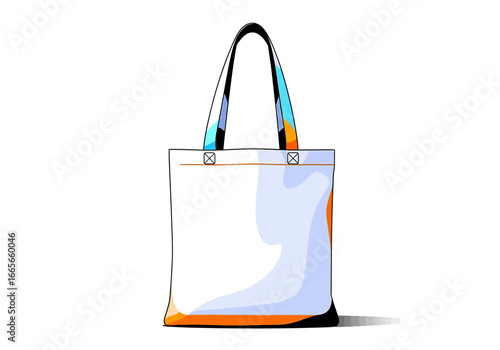 Isolated illustration of a white tote bag with colorful handles, showcasing a reusable, eco-friendly shopping option.