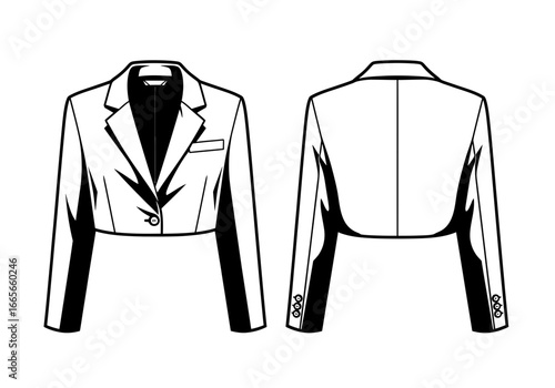 Contemporary Bolero Jacket: A sleek, black and white illustration showcases a modern bolero jacket design from both front and back perspectives, emphasizing the cut and silhouette.