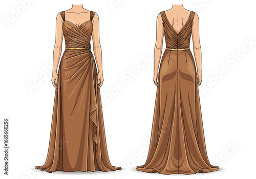 Elegant Evening Gown Design: A sophisticated design of a floor-length evening gown, showcasing a draped bodice, a sleek silhouette, and delicate details perfect for a formal occasion.