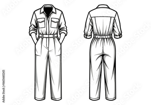 Front and back view of a jumpsuit with long sleeves, pockets, and a belt, depicted in a black and white vector illustration.
