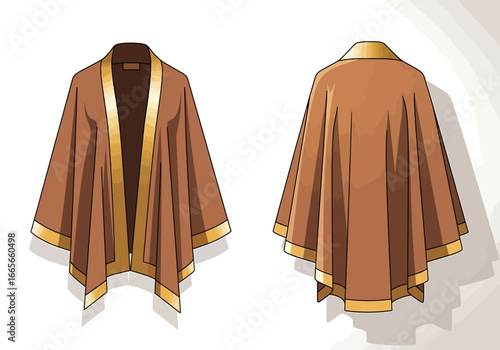 Illustration of a brown cape with gold trim, shown from the front and back.
