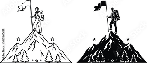 Mountain climber vector illustration reaching peak success