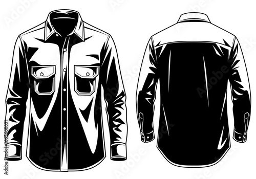 Illustration of a long-sleeved button-down shirt, shown from the front with two pockets and from the back, in black and white.