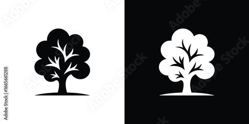 Monochrome Tree Silhouette with Rounded Foliage Isolated on White or Black