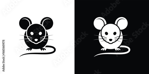 Mouse, black and white illustration, silhouette of rodent with round ears and long tail