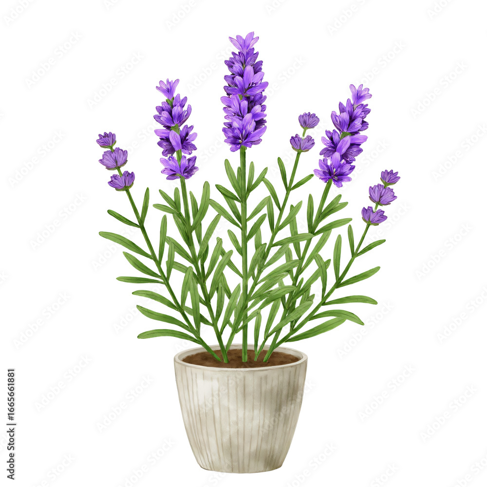 Fototapeta premium Botanical flat illustration of lavender plant with purple flowers in ceramic pot isolated on white background