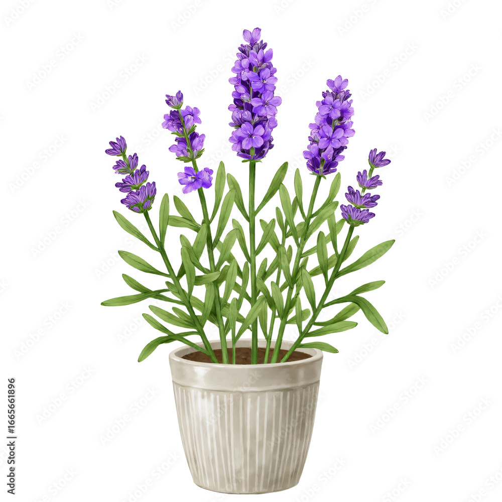Fototapeta premium Botanical flat illustration of lavender plant with purple flowers in ceramic pot isolated on white background