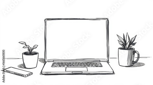 Illustrated laptop on a desk with a phone and potted plants, sketch art
