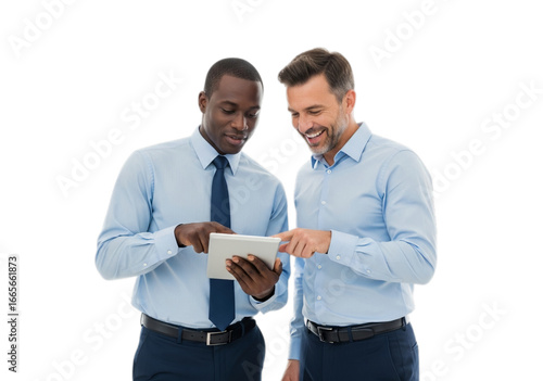 Photo of two businessmen using tablet isolated on transparent background discussing project