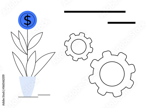 Potted plant with blue dollar symbol at top, two gears in motion, and linear elements. Ideal for financial growth, investment, mechanism, productivity, innovation, technology simple landing page