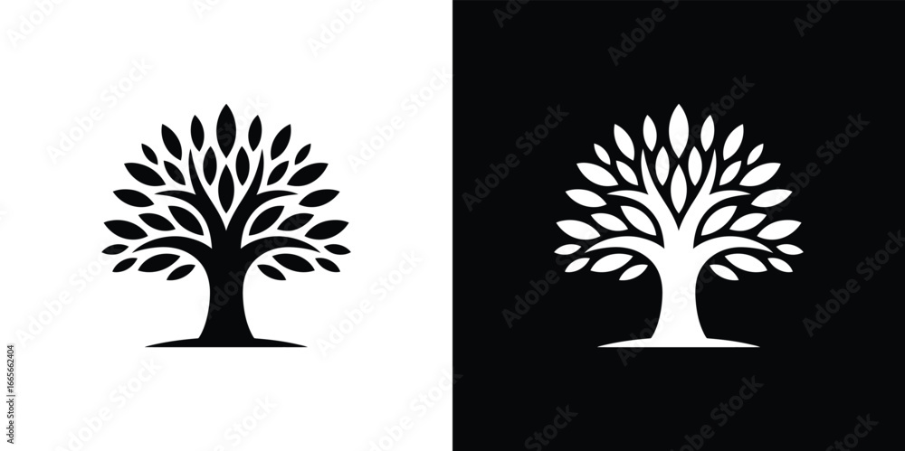 Naklejka premium Symmetrical trees with leaves displaying on black and white backgrounds contrast