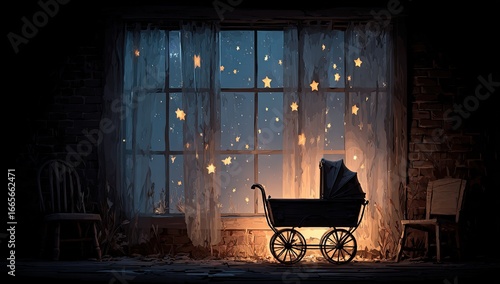 A vintage baby carriage sits by a window at night, bathed in starlight