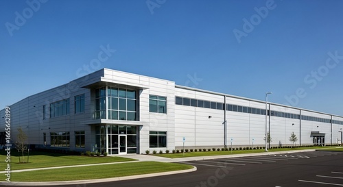 Modern industrial building exterior with parking under blue sky