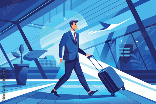 A businessman in a suit walking through an airport holding a suitcase, with city buildings visible outside and an airplane in flight, symbolizing travel, business, and professional journeys.