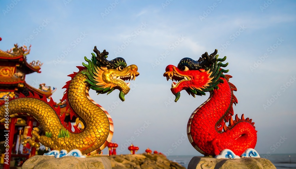 Obraz premium Two vibrant dragon statues, gold and red, face each other against a backdrop of a temple and the sky.