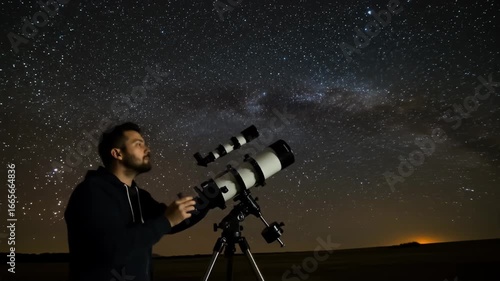 A man observes the night sky, filled with stars, through a large telescope at night