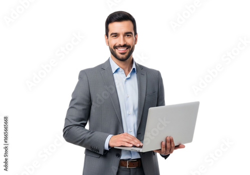 Photo of smiling businessman in suit holding laptop isolated on transparent background