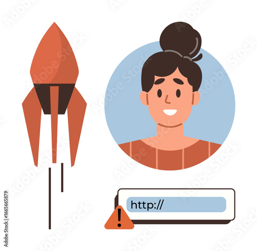 Smiling woman next to rocket symbol, URL error alert sign and blue background highlights online entrepreneurship, growth, innovation. Ideal for startup struggle, business planning, technology