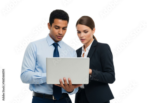 Photo of business man and woman looking at laptop isolated on transparent background