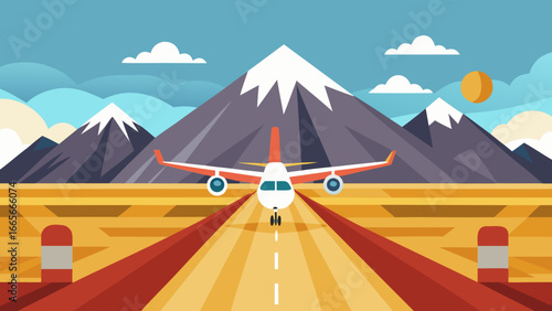 Airplane Flying Over Mountains at Sunset – Minimal Vector Illustration