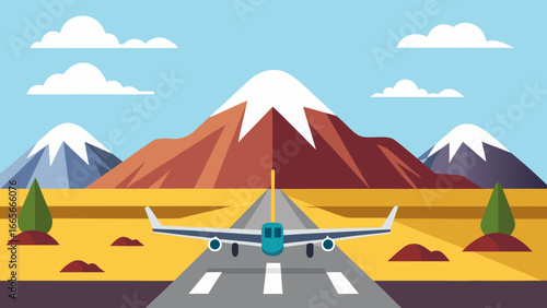 Airplane Flying Over Mountains at Sunset – Minimal Vector Illustration