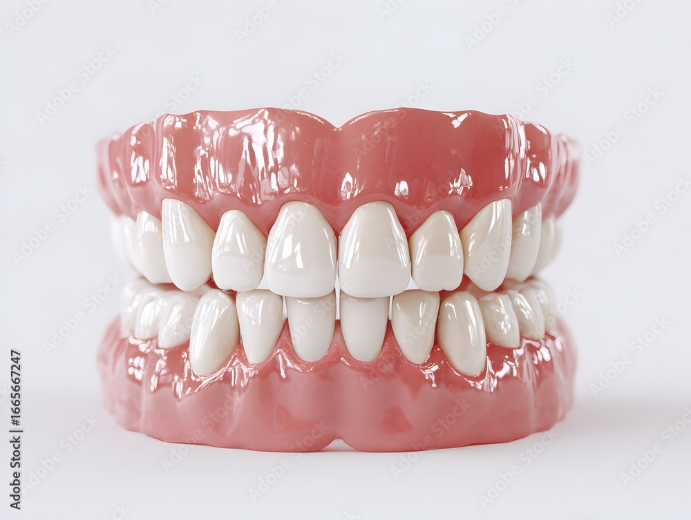 Obraz premium A set of complete dentures, showing the upper and lower teeth, is displayed against a bright white background.