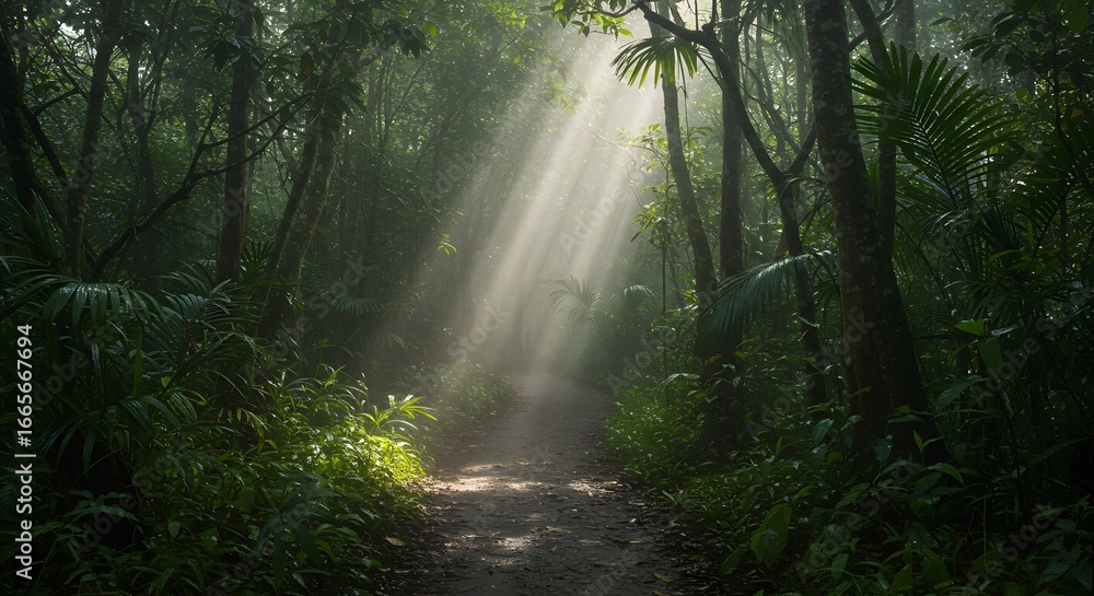 Fototapeta premium Mystical Forest Path: Sunbeams Illuminate Lush Jungle Trail