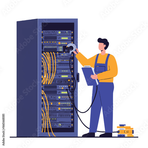 A focused technician is repairing a complex server rack, surrounded by tangled wires, showcasing problem-solving in a minimalist 2D flat vector illustration.