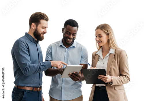 Photo of three diverse business people are working together isolated on transparent background