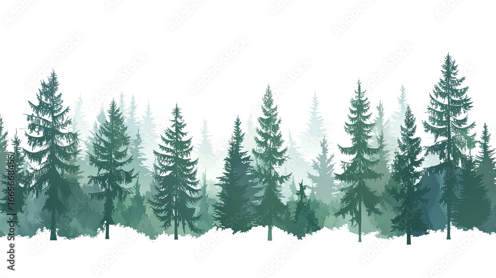 Fototapeta premium Minimalist flat design of a pine forest skyline, layered tree silhouettes in varying shades of green, clean geometric shapes, solid color blocks, white background