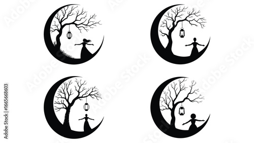 halloween illustration with girl on crescent moon lantern and spooky tree night scene
