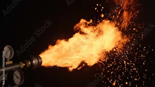 A close-up view of a torch emitting a large, dynamic plume of fire and sparks against a dark background.