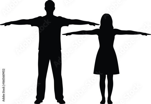 Two human silhouettes in T‑pose with arms extended, vector illustration for body proportion, height comparison, anatomy, and character design themes