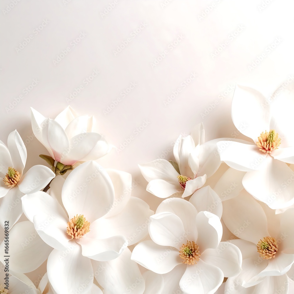 Obraz premium White Magnolia Flowers Flatlay, Soft Background