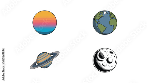 space illustration with planet earth moon saturn and colorful astronomy icons
