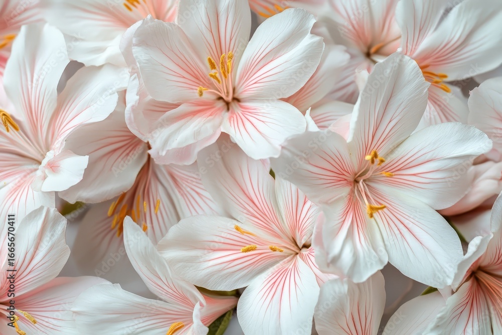 Fototapeta premium Close-up view of delicate, soft white flowers with delicate pink accents, highlighting the intricate patterns of their petals.