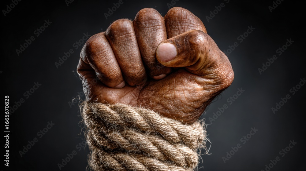 Fototapeta premium Strong Fist Raised in Defiance With Rope Binding the Wrist Symbolizing Resistance Against Oppression at Dusk