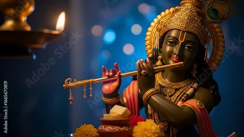 Lord Krishna with flute statue illuminated by diya lamp, Hindu deity revered for divine music, spirituality, devotion. Suitable for religious festivals, cultural events promo. 