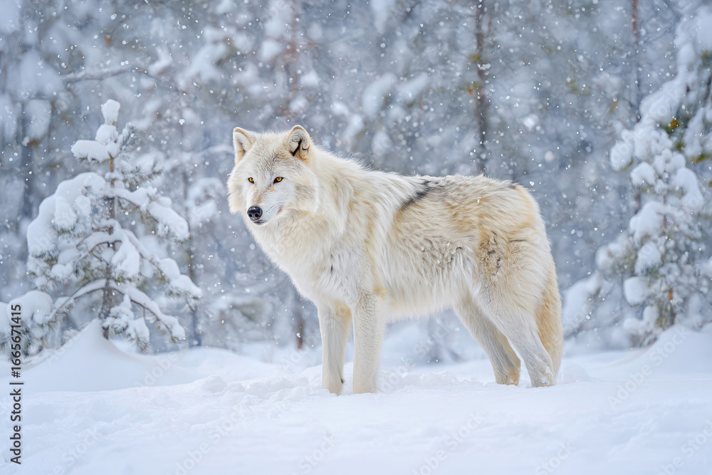 Naklejka premium Majestic white wolf standing in snowy winter forest landscape wild animal
