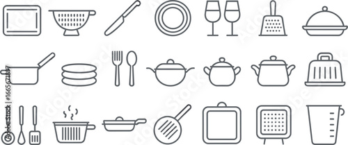 Kitchen utensils icons, cooking tools, pots, pans, cutlery, dishes, measuring cup, spatula, colander, food preparation, cookware set, flat vector illustration