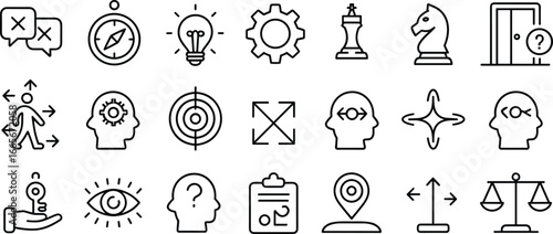 Decision making icons, strategy planning, business growth, leadership, innovation, vision, ethics, problem solving, success, balance, opportunity, flat vector illustration
