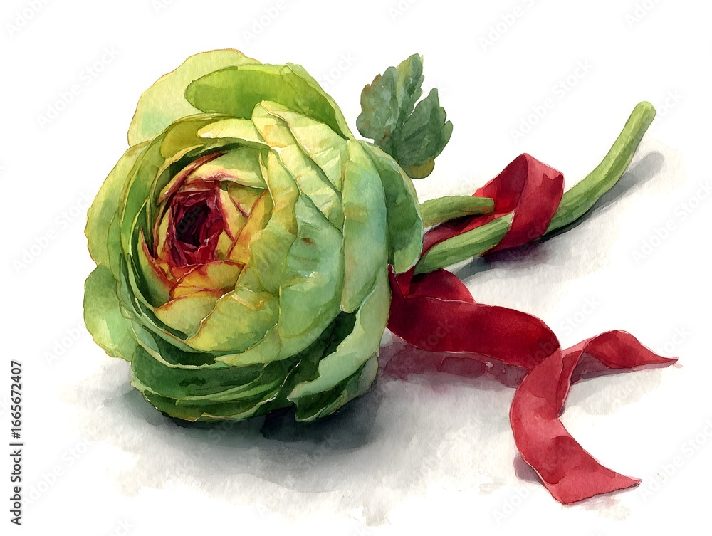 Obraz premium A delicate green flower with a deep red center rests elegantly with a vibrant red ribbon on a white background.