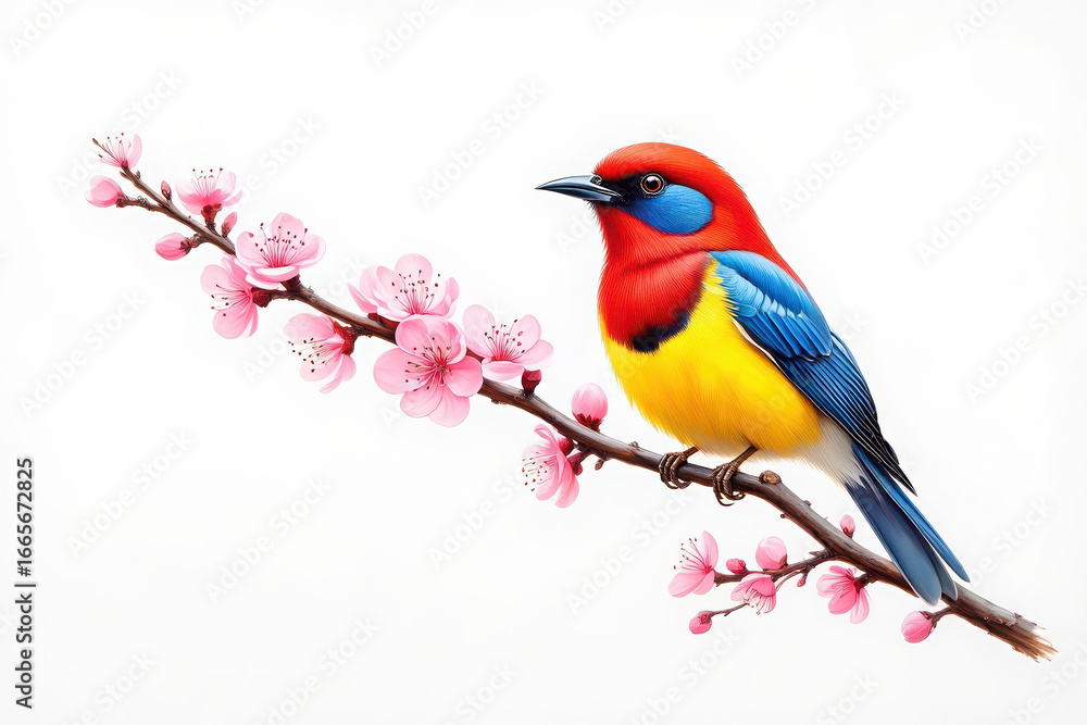 Fototapeta premium Vibrant small bird perched on a delicate flowering branch in spring
