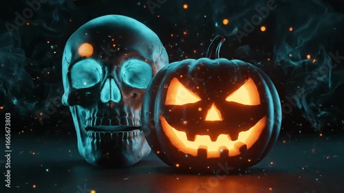 A glowing jack-o'-lantern with a sinister grin sits beside a skull against a dark, smoky backdrop.