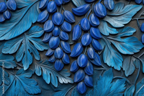 Wallpaper Mural Intricate blue floral bas-relief design showcases detailed carvings of leaves and grapes, creating a captivating visual tapestry. Torontodigital.ca