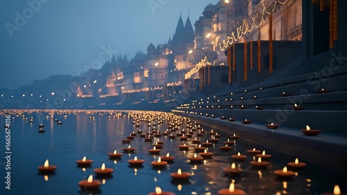 Varanasi cityscape glows with lights, ghats adorned with candles float on Ganges River. Indian culture, Diwali festival, spiritual travel, holiday background, peaceful celebration.