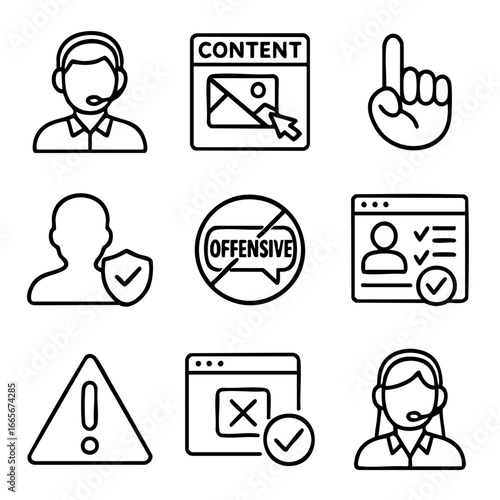 A set of doodle line icons related to content moderation, online safety, profile verification, user protection, and offensive content control